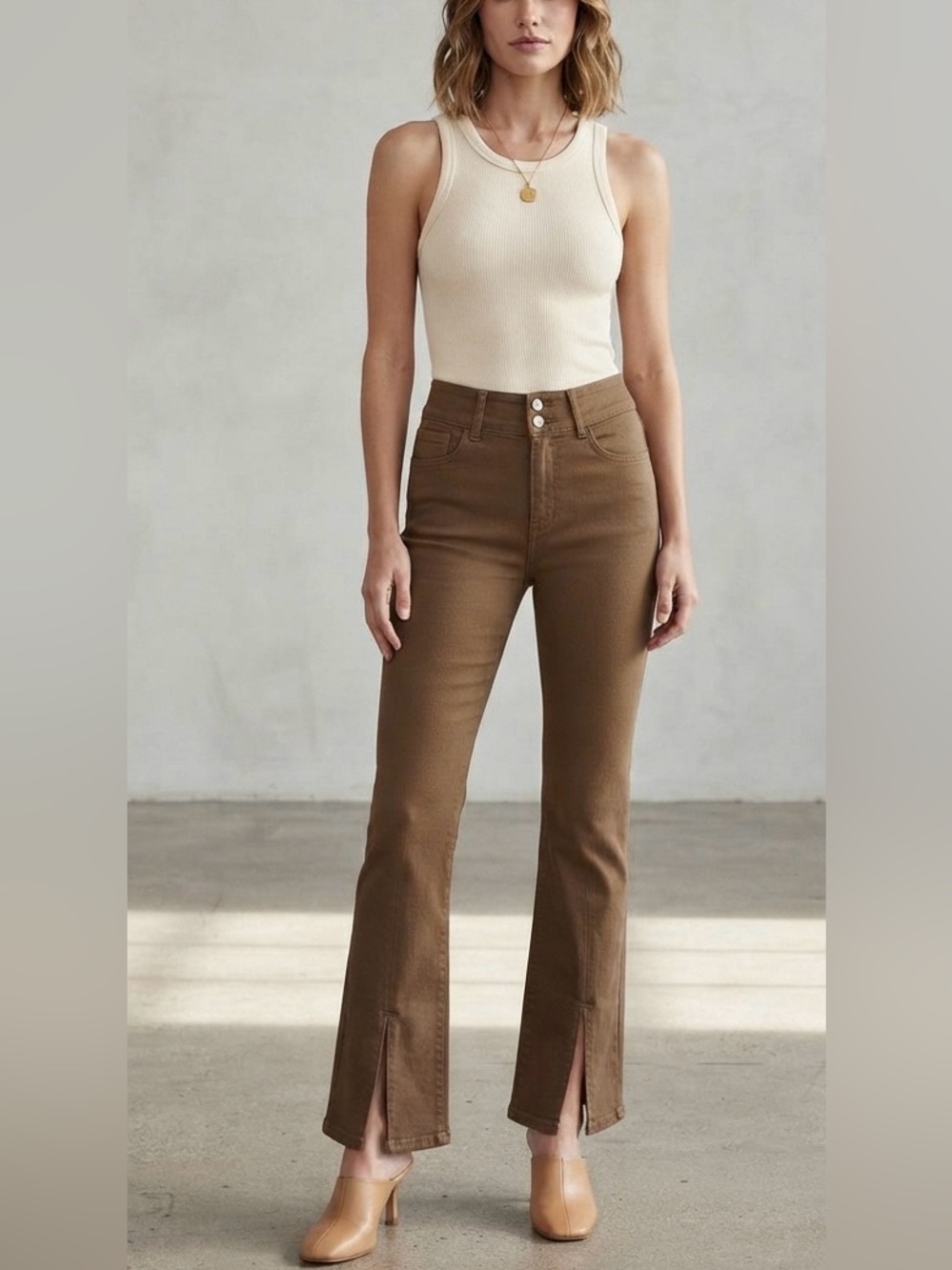 Yishion Casual Olive Green/Brown High-Rise Split-Hem Flare pants - Size 28